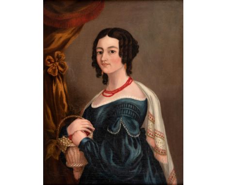 English School, early 19th century, a portrait of a lady with a coral necklace and a blue dress, oil on canvas, 64 x 50 cm 