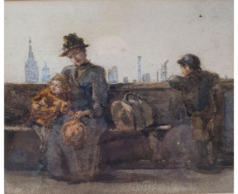 English school, early 20th century, a mother and two children seated on a bench, watercolour, 11 x 13 cm, and early 20th cent