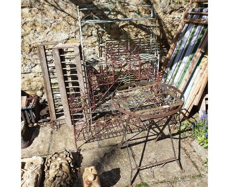 A wirework plant stand, 100 cm wide, a metal folding shelf, a folding table, and two feeders (5) 