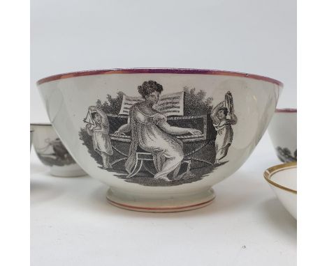 A 19th century bat transfer printed bowl, decorated a lady playing a spinet, and various other similar ceramics (qty) 