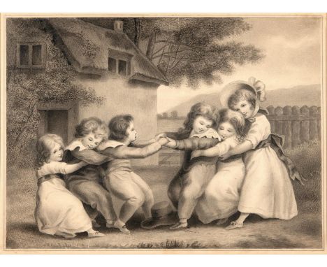 After George Moreland, six children playing in a garden, monogrammed, watercolour, 34 x 47 cm 