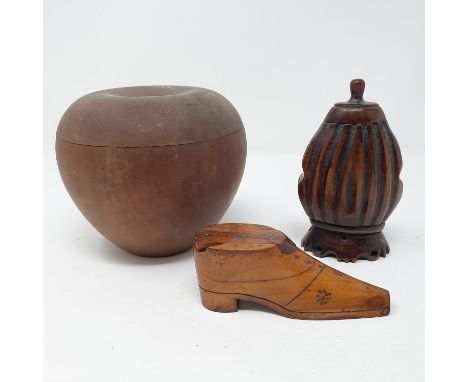 A fruitwood tea caddy, in the form of an apple, 13 cm diameter, and two snuff boxes (3) 
