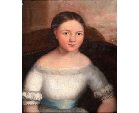 English School, 19th century, a portrait of a young girl, oil on canvas, 48 x 39 cmHeavily restored 
