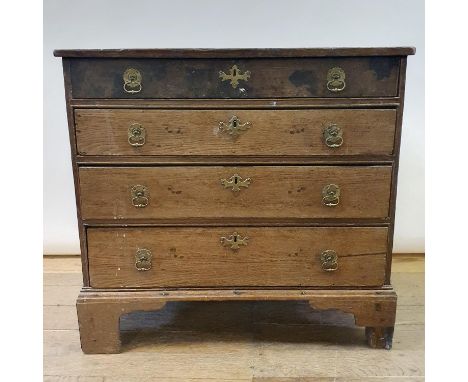 A 19th century oak chest of four drawers, on bracket feet, 50 cm wideReplaced back, loss of front bracket foot, in need of ex