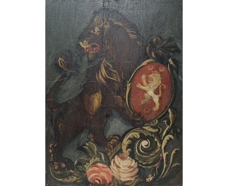 English school, 20th century, lion rampant holding a shield, oil on board, 36 x 27 cmSlight wormed to the back of the frame, 