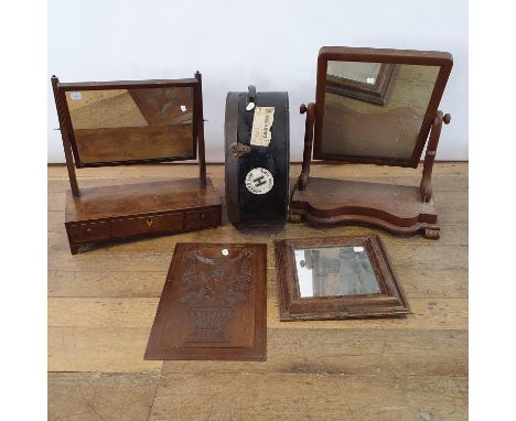 A 19th century mahogany bedroom mirror, the base with three drawers, lacking two feet, 53 cm wide, a mahogany bedroom mirror,