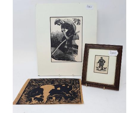 A gentleman in a bowler hat standing with three chickens, print, 6 x 4 cm, a farm worker, print, 19 x 13 cm, unframed, B. Rus