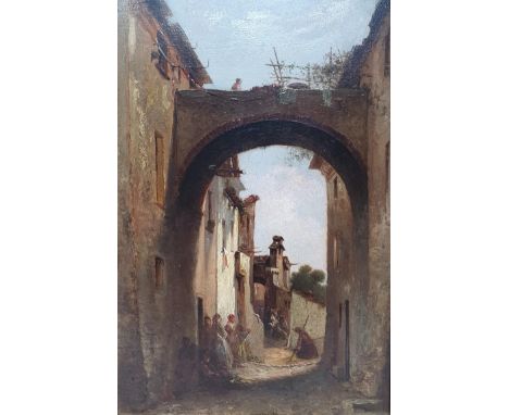 Attributed to Andrea Fossati (Italian 1844-1919), an archway with figures, oil on panel, inscribed verso, 36 x 24 cm 