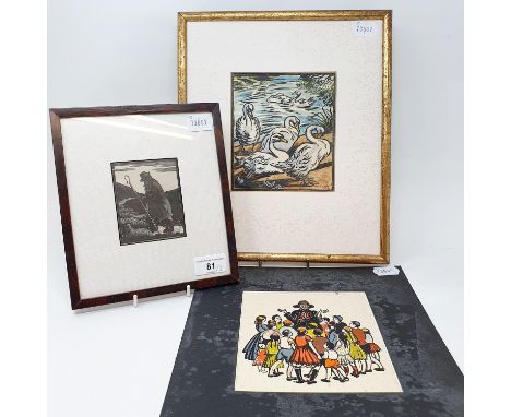 A 20th century print of a shepherd, 9 x 7 cm, a bevy of swans, print, initialed E. K. S. P., 16 x 30 cm, the pied piper, prin