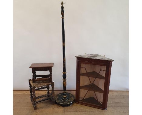 A mahogany corner cabinet, 57 cm wide, a standard lamp, and two stools (4) 