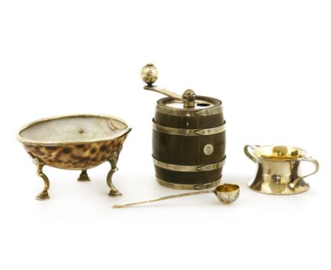A miniature silver Edwardian tyg, for celery salts,London, 1907,a mid-18th century unmarked cowrie shell egg dish,a French pe
