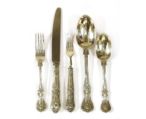 A matched twelve-place setting of Queen's pattern flatware, monogrammed John Aldwinckle and James Slater, 1884, 12 table fork
