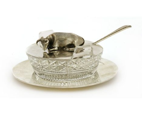 A silver and cut-glass butter dish stand and cover,the stand and cover by Messrs Hutton &amp; Sons, Sheffield 1911,the cover 