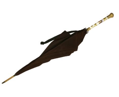 A Fox and Co. silk umbrella,the bamboo shaft fitted with a Vienna porcelain handle, painted with a portrait of a girl and wit