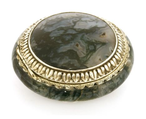 A French silver-mounted moss agate circular snuff box,19th century,7.5cm diameterProvenance: The Tim Wonnacott Collection.