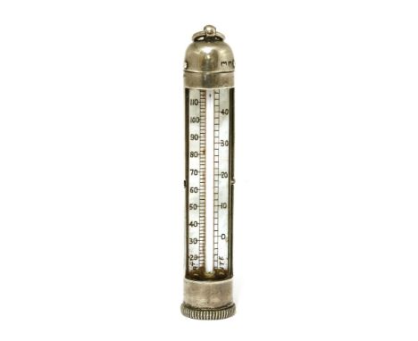 An Edwardian novelty silver pocket thermometer,by W F Wright, London 1902,in the form of a sugar boiling thermometer case,7.5