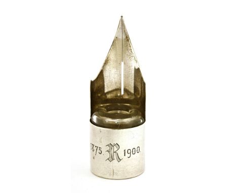 A late Victorian novelty silver inkpot, by Saunders &amp; Shepherd, London, 1894,modelled as a pen nib, fitted with a clear g