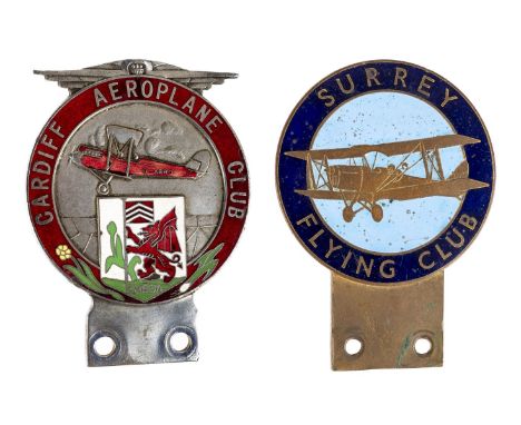 * Flying Club Car Badges. Two rare interwar period Aero Club badges circa 1930-40s, Cardiff Aeroplane Club &amp; Surrey Flyin