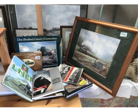 A quantity of railway related books and a framed and glazed steam engine print&nbsp;