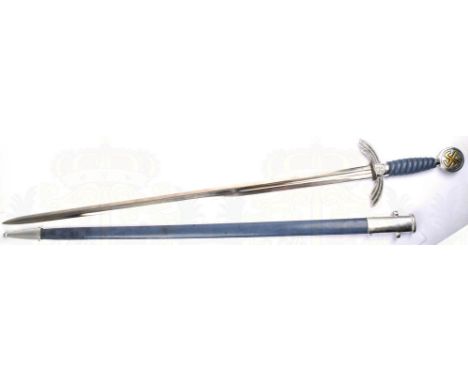 FLIEGERSCHWERT, Sammleranfertigung/Replik, blanke Klinge, L. 78cm, Stoßleder, blaugrau belederter Griff mit Metallfaden-Wickl