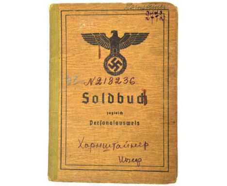 SOLDBUCH SS-OBERSCHÜTZE, vom SS-Totenkopf-Sturmbann Auschwitz, Einträge 1943-1944, Landesschützen-Batl. 513 u. SS-T-Stuba Aus