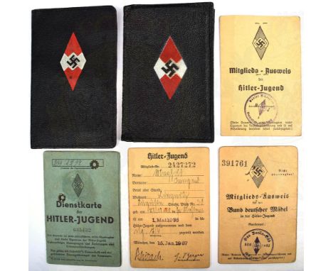 3 HJ-AUSWEISE: 2 Mitglieds-Ausweise HJ u. BdM, Gebiet 4/Schlesien u. Gau Berlin-Süd, 1933/1939, beide m. Beitragsmarken; Dien