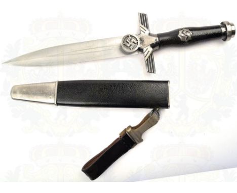 DOLCH FÜR RLB-UNTERFÜHRER 2. MODELL, Sammleranfertigung/Replik, blanke Klinge, L. 19,5cm, Griffteile u. Scheide Weißmetall, G