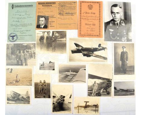 25 FOTOS UND 3 AUSWEISE, Bruchlandung, Flugzeuge, AK Ju 86, Piloten, Offiziere, etwas 1. WK, 2 Repros, Portrait NSFK-Führer m