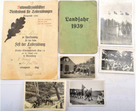 NACHLASS HITLERJUNGE, aus Bach/Westerwald, Landjahr-Ausweis Vietz Ostbahn bei Frankfurt/Oder 1939; NSRL-Siegerurkunde 1942, m