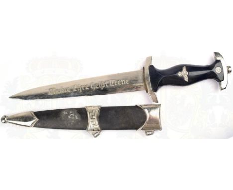 SS-DIENSTDOLCH 1936, sog. Kettendolch, Sammleranfertigung/Repro, vernickelte, unmagnetische Klinge m. Herst. „RZM M7/142“, Gr