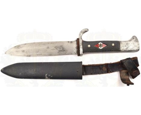 HJ-FAHRTENMESSER, Klinge m. Herst. „Lux Solingen“, „Ges. Gesch.“ u. Devise „Blut und Ehre“, L. 13,7cm, etwas beschliffen, Sto
