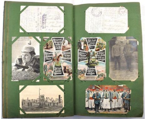 POSTKARTENALBUM 1. WELTKRIEG, kpl. 464 gesteckte AK, meist Feldpost gelaufen, tls. 2. WK, viele Fotos, Offiziere, Soldaten, G