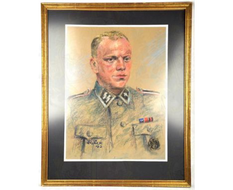 PORTRAIT SS-UNTERSCHARFÜHRER DER ARTILLERIE, 1942, farbige realistische Kreidezeichnung, Brustportrait in Uniformrock m. Verw