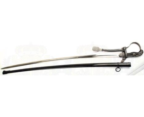 SÄBEL FÜR FÜHRER DER SS-VERFÜGUNGSTRUPPE, vernickelte Kling m. Herst. „WKC“, L. 90cm, Gefäß Neusilber m. plast. EL/Lorbeer-Ve