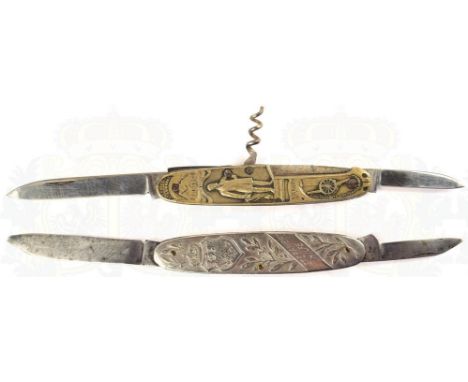 2 PATRIOTISCHE TASCHENMESSER, beide m. Griffschalen aus Nickel u. 2 Klingen, Herst. „R. Thomas Solingen“ u. „Veteranen-Hilfe“