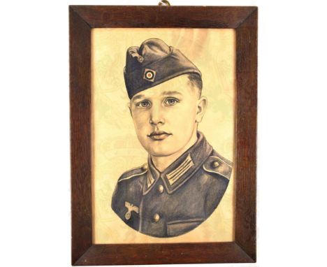 PORTRAIT EINES SCHÜTZEN, Aquarell auf Papier, monochrome Darstellung in Feldbluse 1943 u. Feldmütze m. schwarz/weiß/rot color