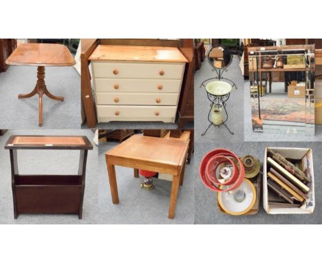 A 19th century mahogany tripod table; an extending oak dining table; a reproduction magazine rack; a painted pine chest of dr