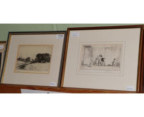 Oliver Hall, Country landscape, etching, signed in pencil; together with Peeking through the fence, signed etching by Eileen 