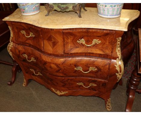 A reproduction bombe commode in the Louis XV style, with marble top,&nbsp;134cm by 56cm, 96.5cm high&nbsp;