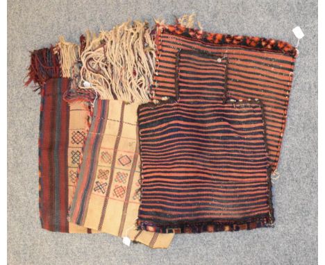 Woven Iranian wool salt bag, with bands of frames five central diamond shapes to the centre, and striped reverse, 54cm by 42c