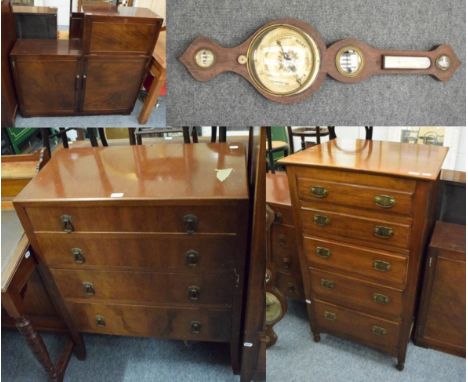 A late Victorian small walnut chest of drawers, another chest of drawers, a cabinet and a wheel barometer 