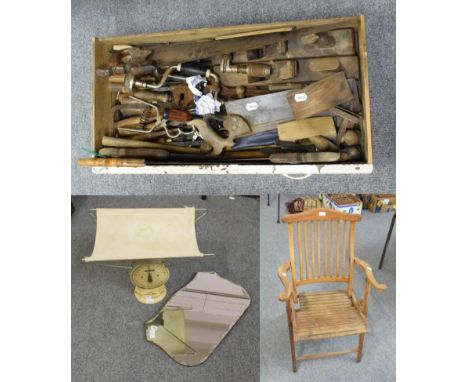 A collection of vintage tools including planes, chisels, saws etc; a Benetfink of London folding garden chair; a Salter set o
