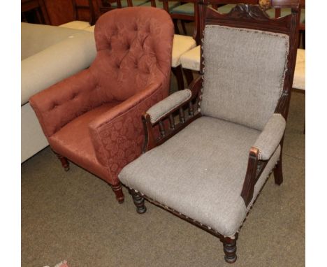 A Victorian tub shaped armchair, recovered in button fabric; and a late Victorian walnut framed armchair with spindle arm sup