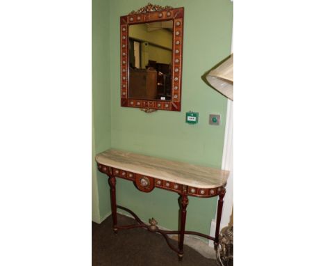 A French style console marble top table, 121cm by 37.5cm, together with a matching mirror, 96.5cm by 61.5cm overall (2)