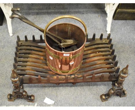 A large firegrate comprising pair of andiron supports and basket; together with copper and brass coal bucket, brush pans (4)G