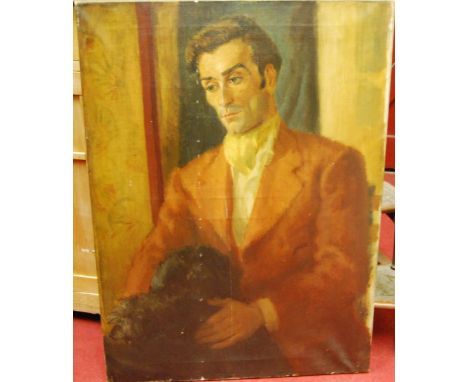 Early 20th century English school - half length portrait of a gentleman wearing a tan jacket and with Scottie dog, oil on can