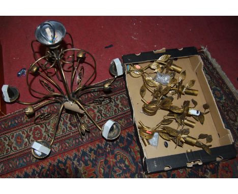 A contemporary gilt metal wirework hanging five light electrolier, approx drop 52.5cm; together with a set of three matching 