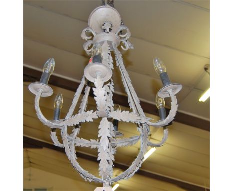 A contemporary floral decorated galvanised metal six light hanging electrolier, approx drop 80cm
