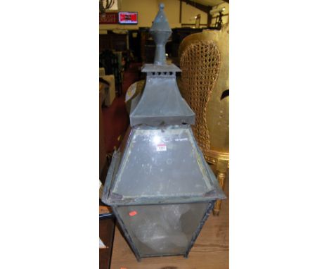 A galvanised metal and frosted glass inset ceiling lantern, in the form of a street lamp, h.92cm