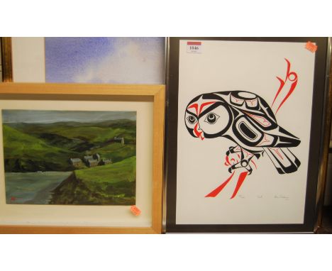 Harold Glasby - landscape watercolour, triptych of modern watercolours, coastal cottages, oil on board monogrammed BC; togeth